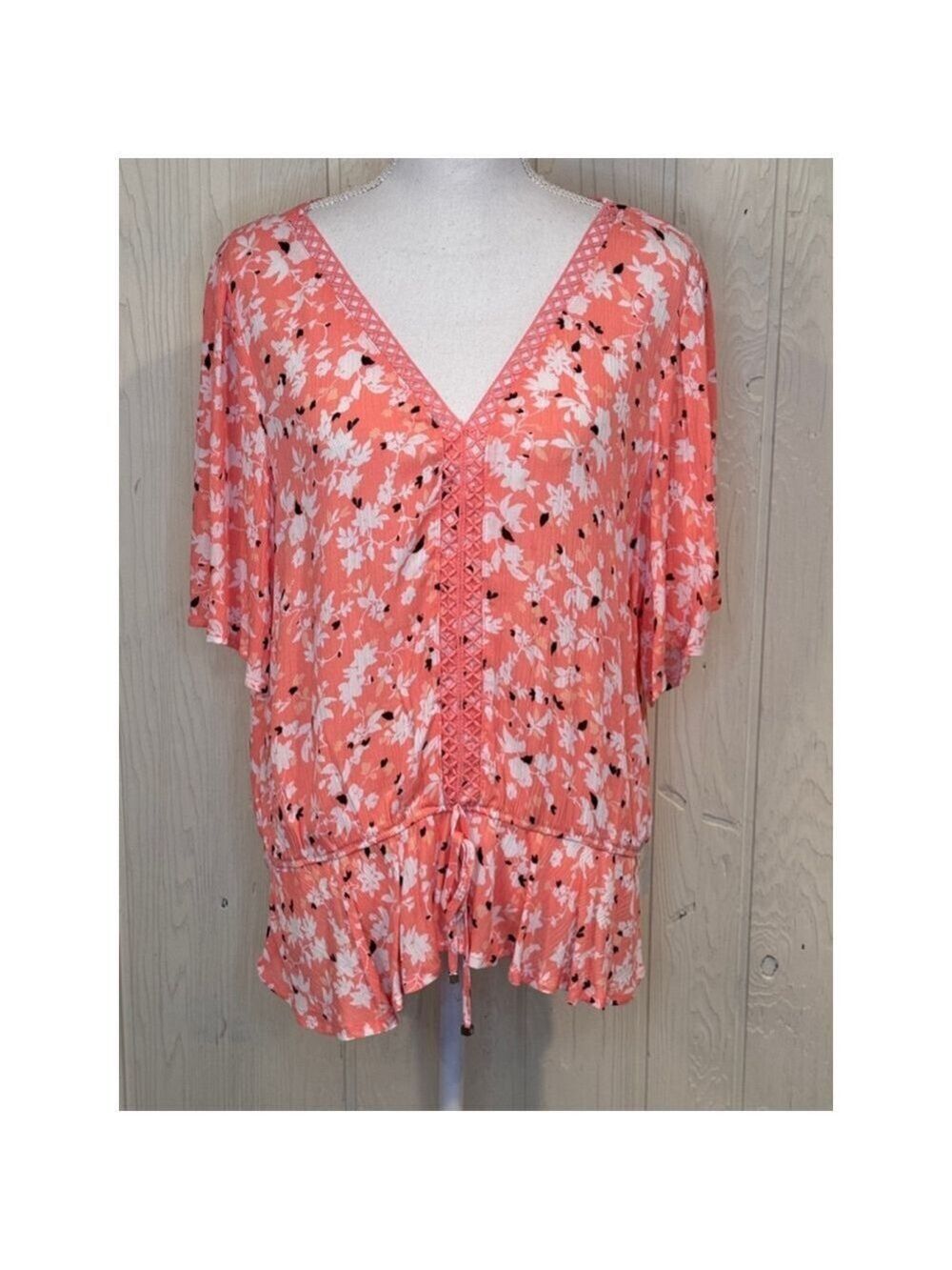 Adrienne Vittadini Floral Blouse Coral Tie Neck Size XL
